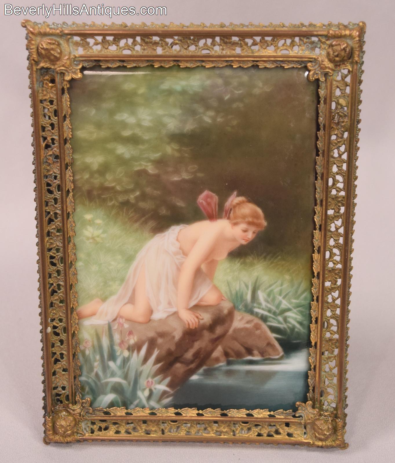 gorgeous semi nude antique painting on porcelain plaque fairy