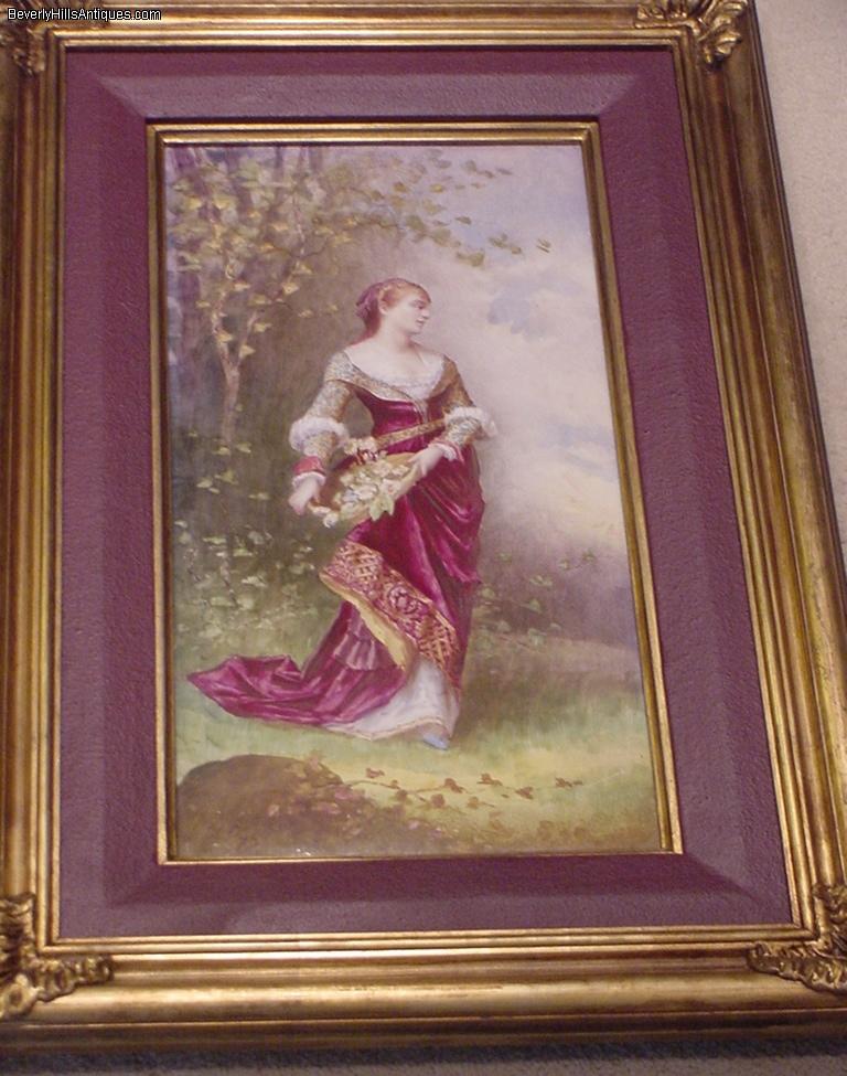 Antique Painting On Porcelain Plaque Size 153/4 by 81/4 Lady With